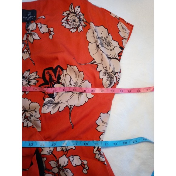 Adrianna Papell Red Floral Mock Wrap Midi Dress Ruffle Short Sleeves Size 16W - Picture 11 of 14